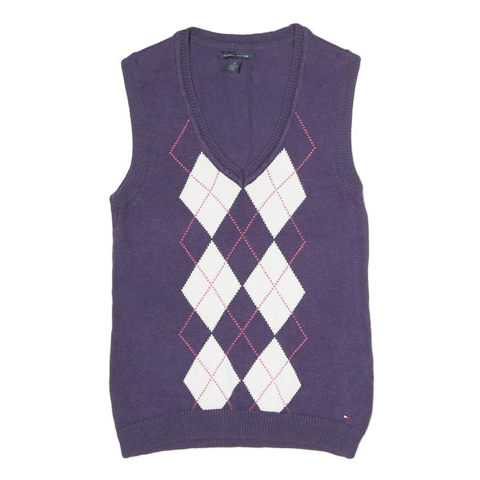 TOMMY HILFIGER Womens Purple White Argyle Pattern Pullover V-Neck Jumper XS