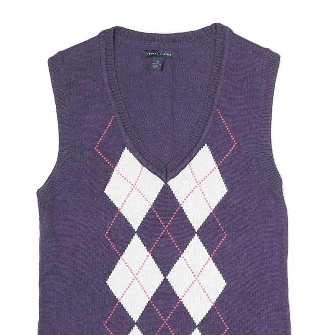 TOMMY HILFIGER Womens Purple White Argyle Pattern Pullover V-Neck Jumper XS