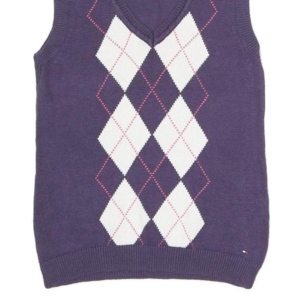 TOMMY HILFIGER Womens Purple White Argyle Pattern Pullover V-Neck Jumper XS