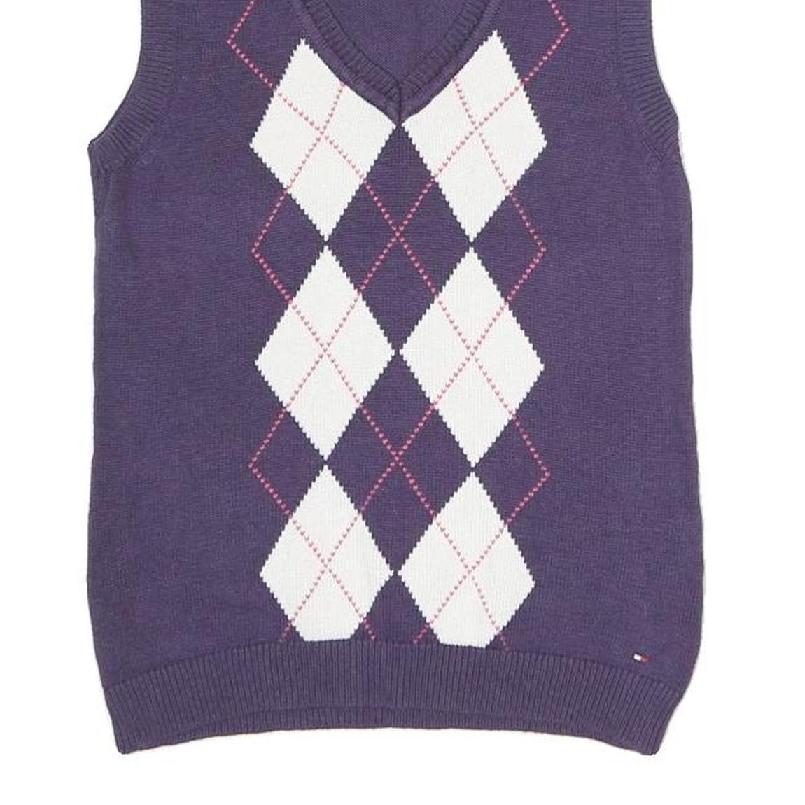 TOMMY HILFIGER Womens Purple White Argyle Pattern Pullover V-Neck Jumper XS