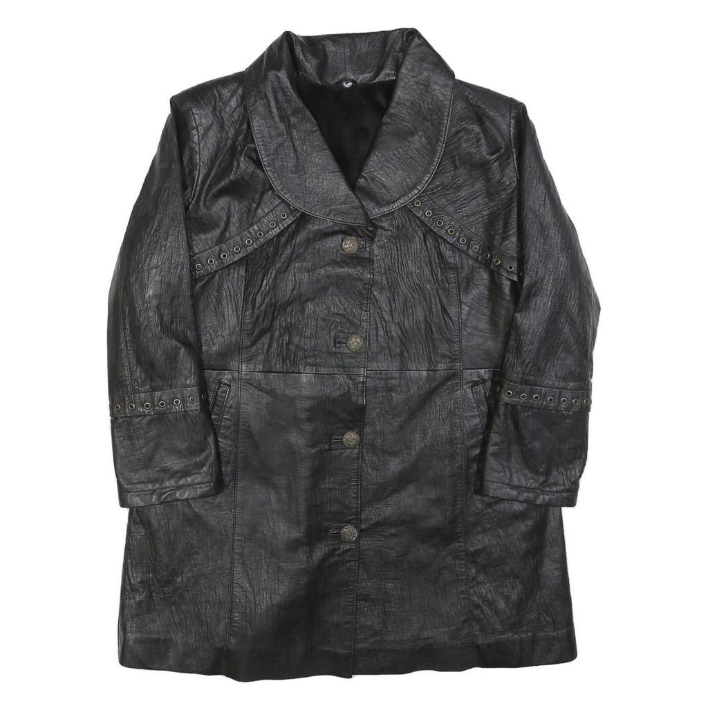 Womens Black Leather Button Jacket M Plain Classic Stylish Eyelet Detail