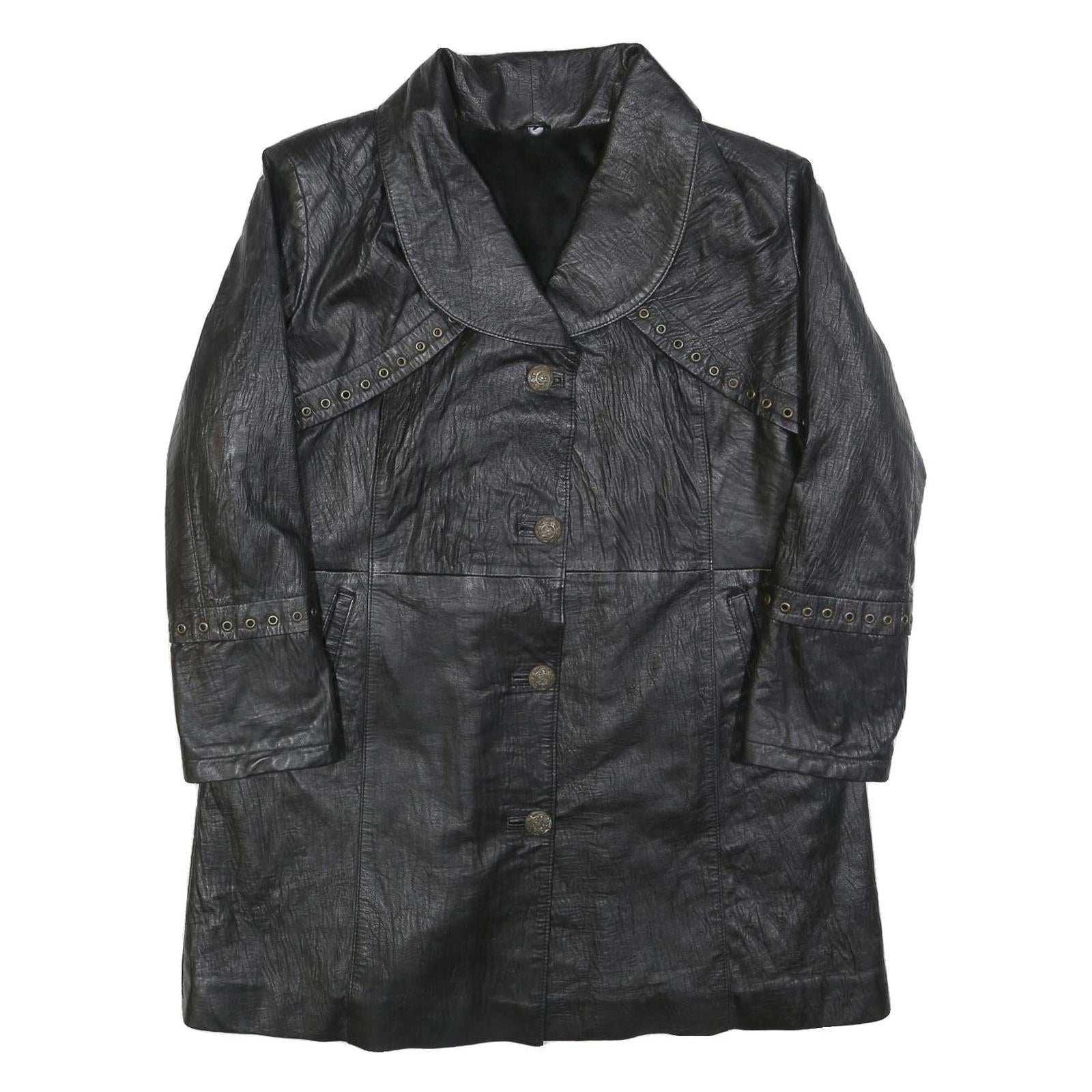 Womens Black Leather Button Jacket M Plain Classic Stylish Eyelet Detail