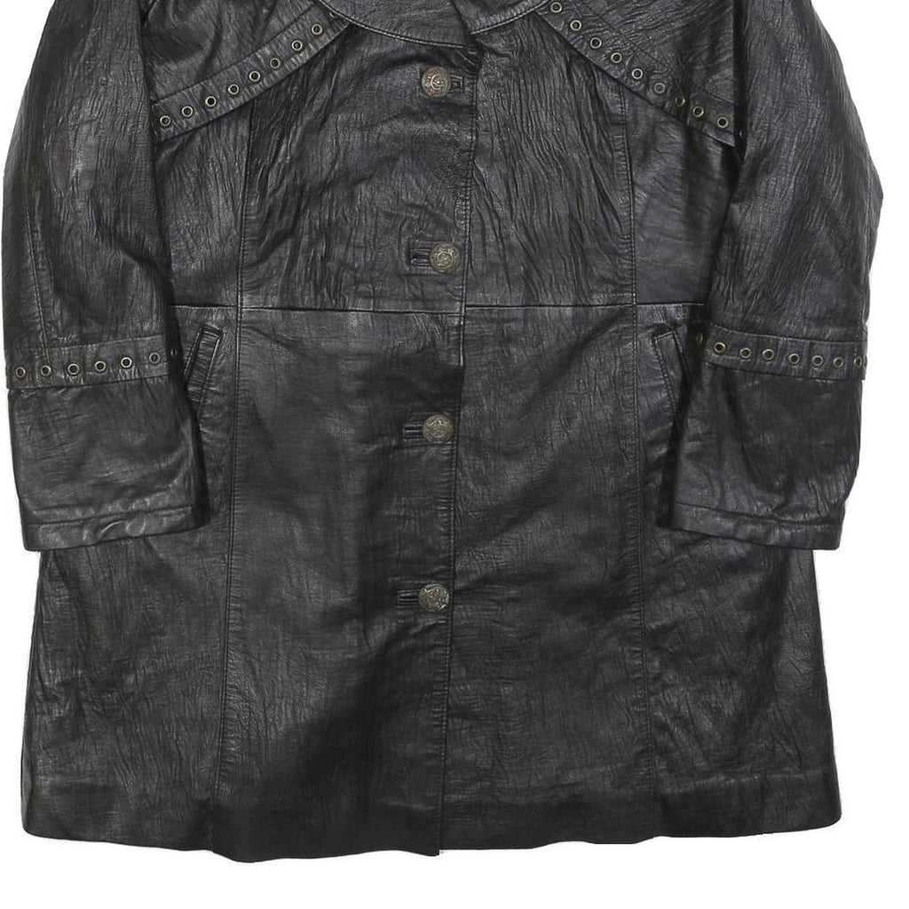 Womens Black Leather Button Jacket M Plain Classic Stylish Eyelet Detail