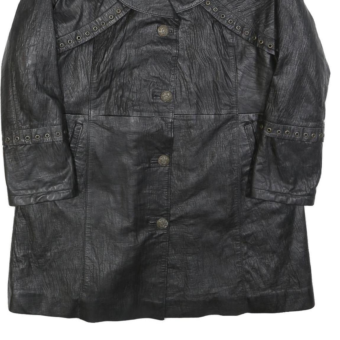 Womens Black Leather Button Jacket M Plain Classic Stylish Eyelet Detail