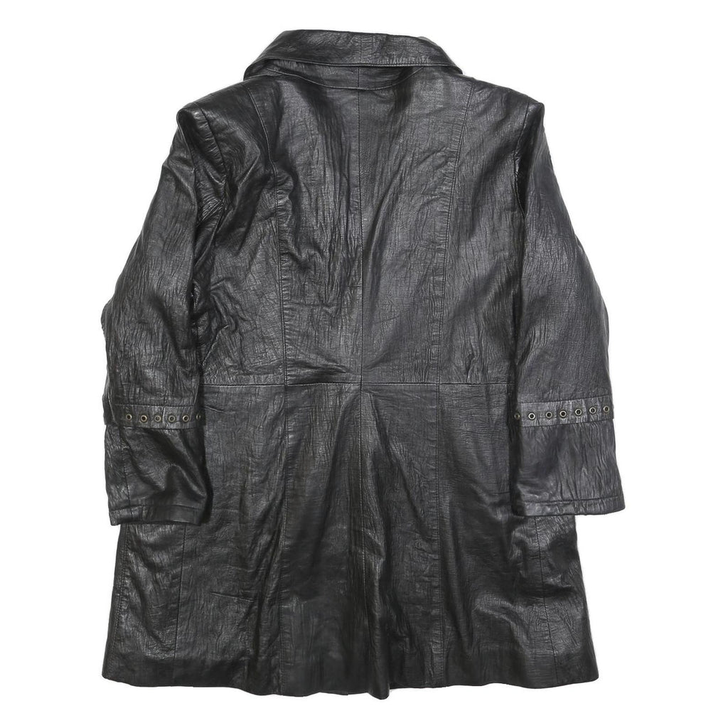 Womens Black Leather Button Jacket M Plain Classic Stylish Eyelet Detail