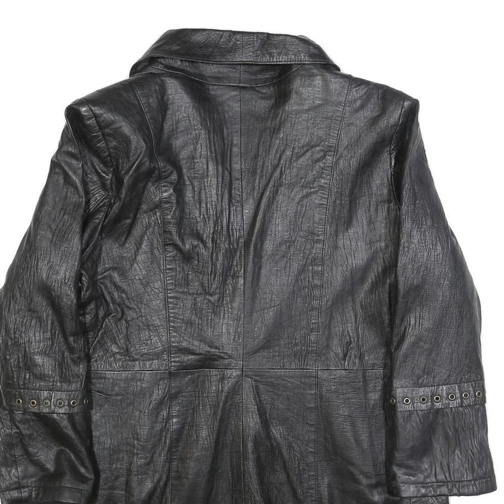 Womens Black Leather Button Jacket M Plain Classic Stylish Eyelet Detail