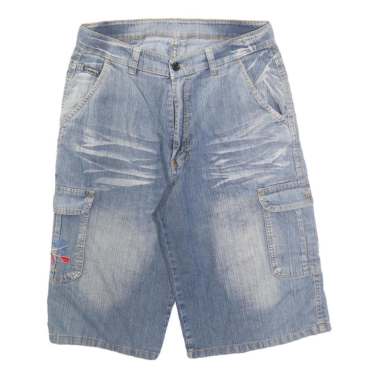 CYERESS Mens Blue Denim Cargo Shorts M W30 Embroidered Pockets Comfortable Fit