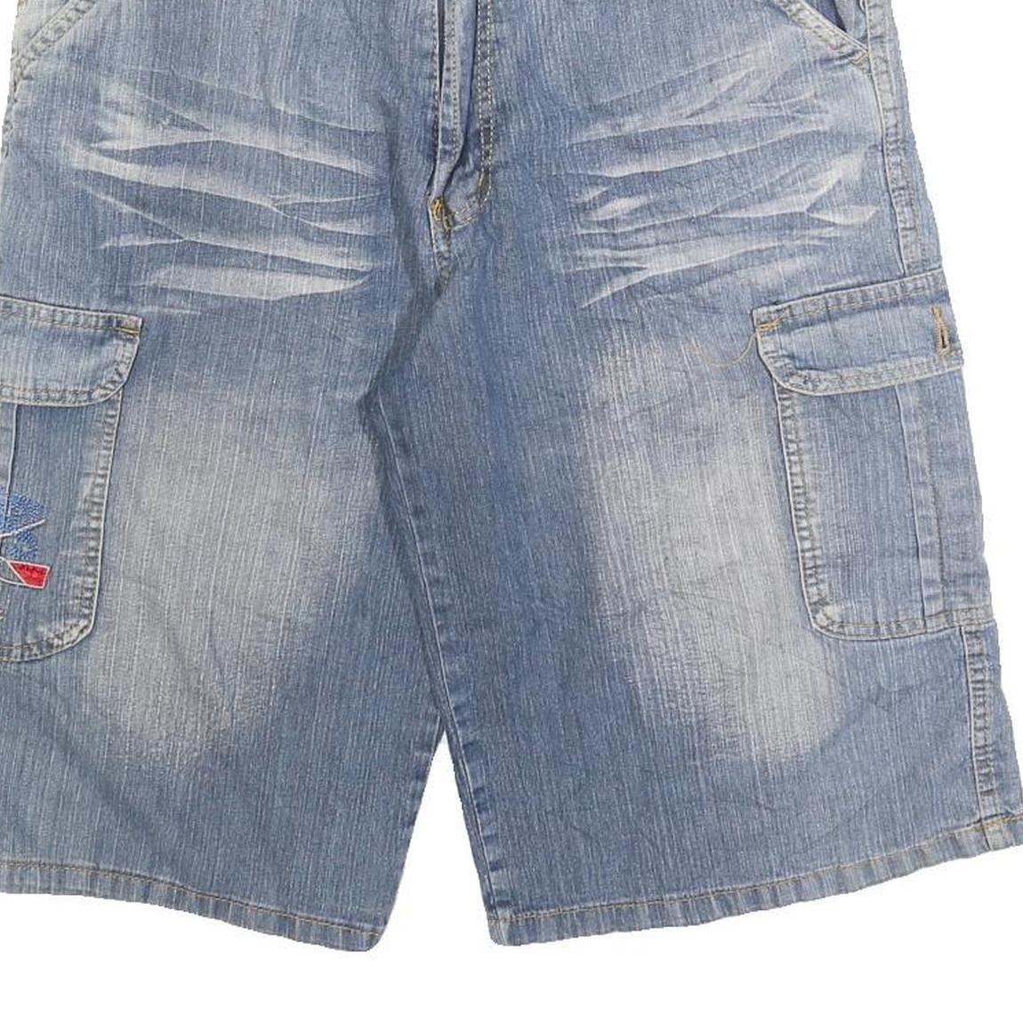 CYERESS Mens Blue Denim Cargo Shorts M W30 Embroidered Pockets Comfortable Fit
