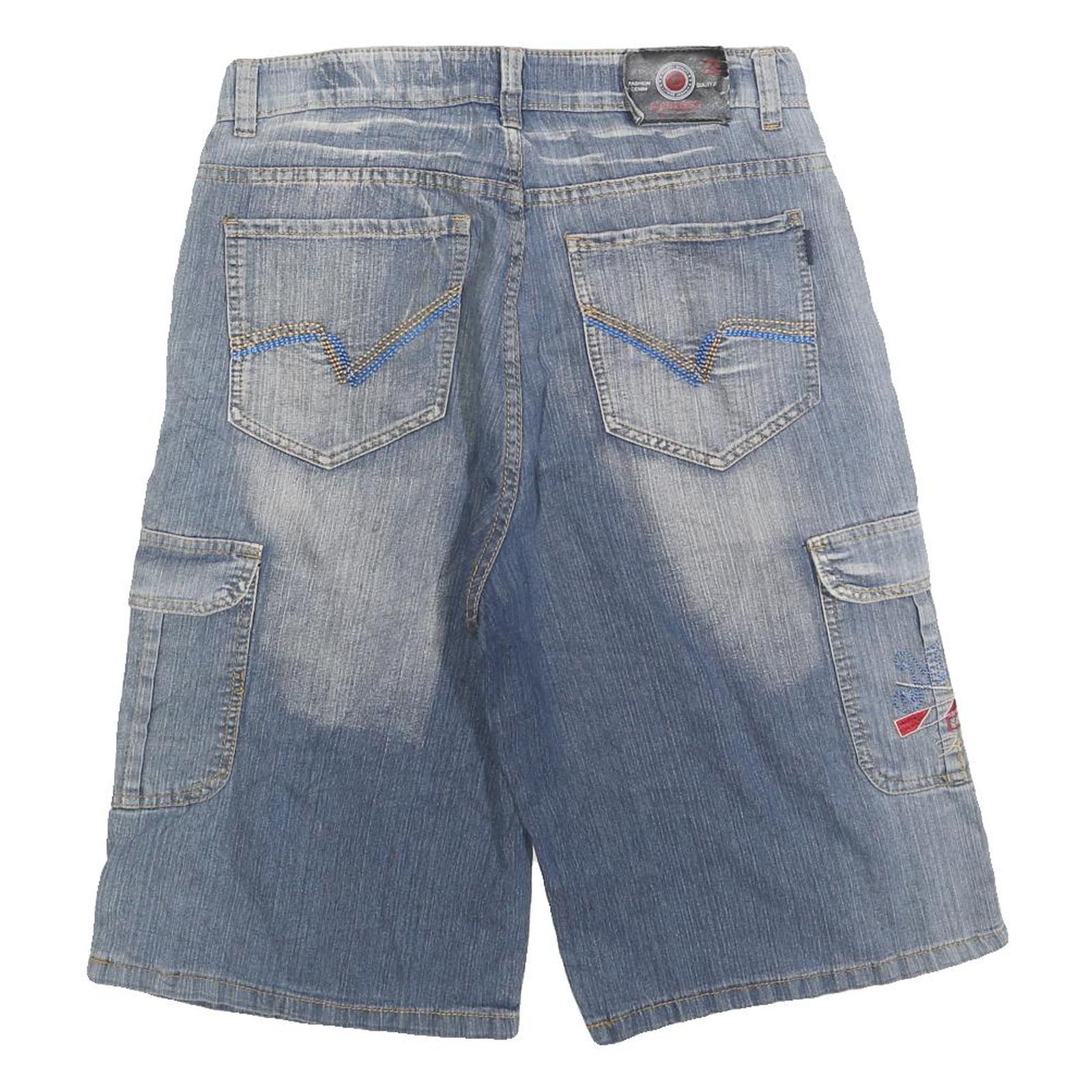 CYERESS Mens Blue Denim Cargo Shorts M W30 Embroidered Pockets Comfortable Fit
