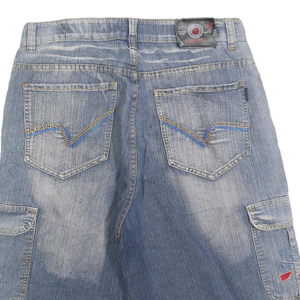 CYERESS Mens Blue Denim Cargo Shorts M W30 Embroidered Pockets Comfortable Fit