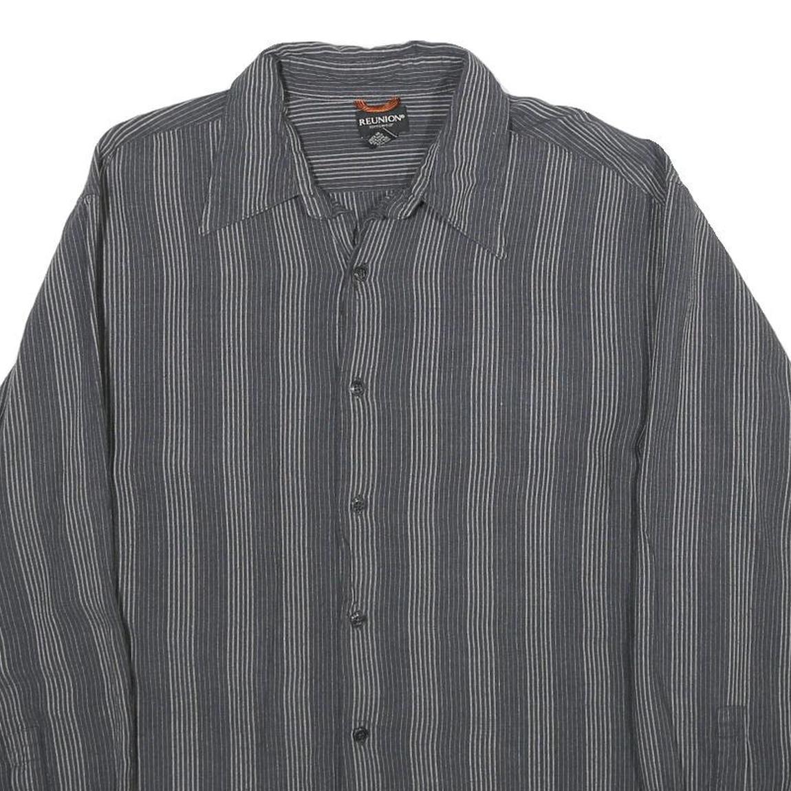 REUNION Mens Grey & White Striped Linen Blend Shirt L Long Sleeve Casual