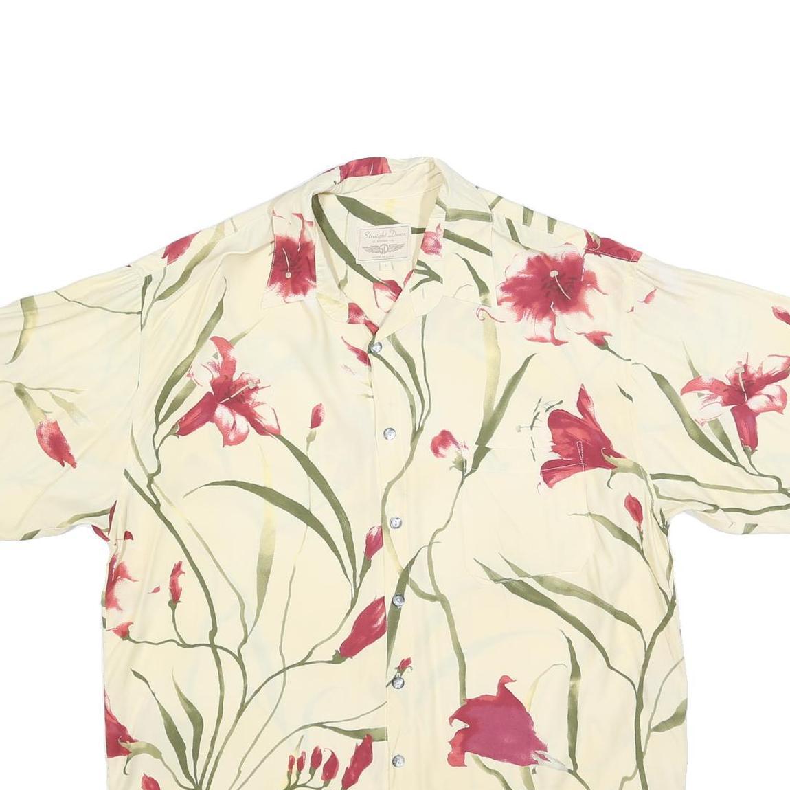 STRAIGHT DOWN Mens Cream & Red Floral Casual Shirt L Lightweight Summer