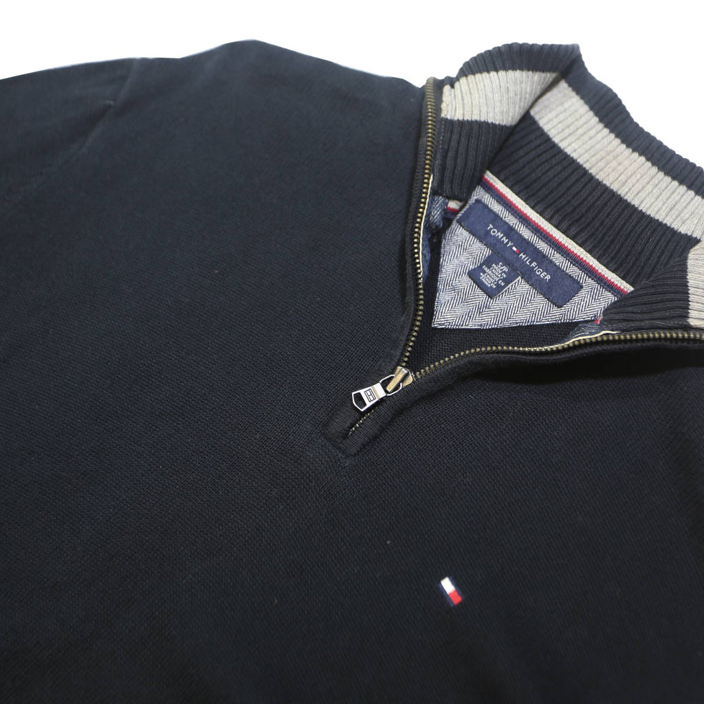 TOMMY HILFIGER Mens Black Pullover Plain 1/4 Zip Cotton Jumper S S