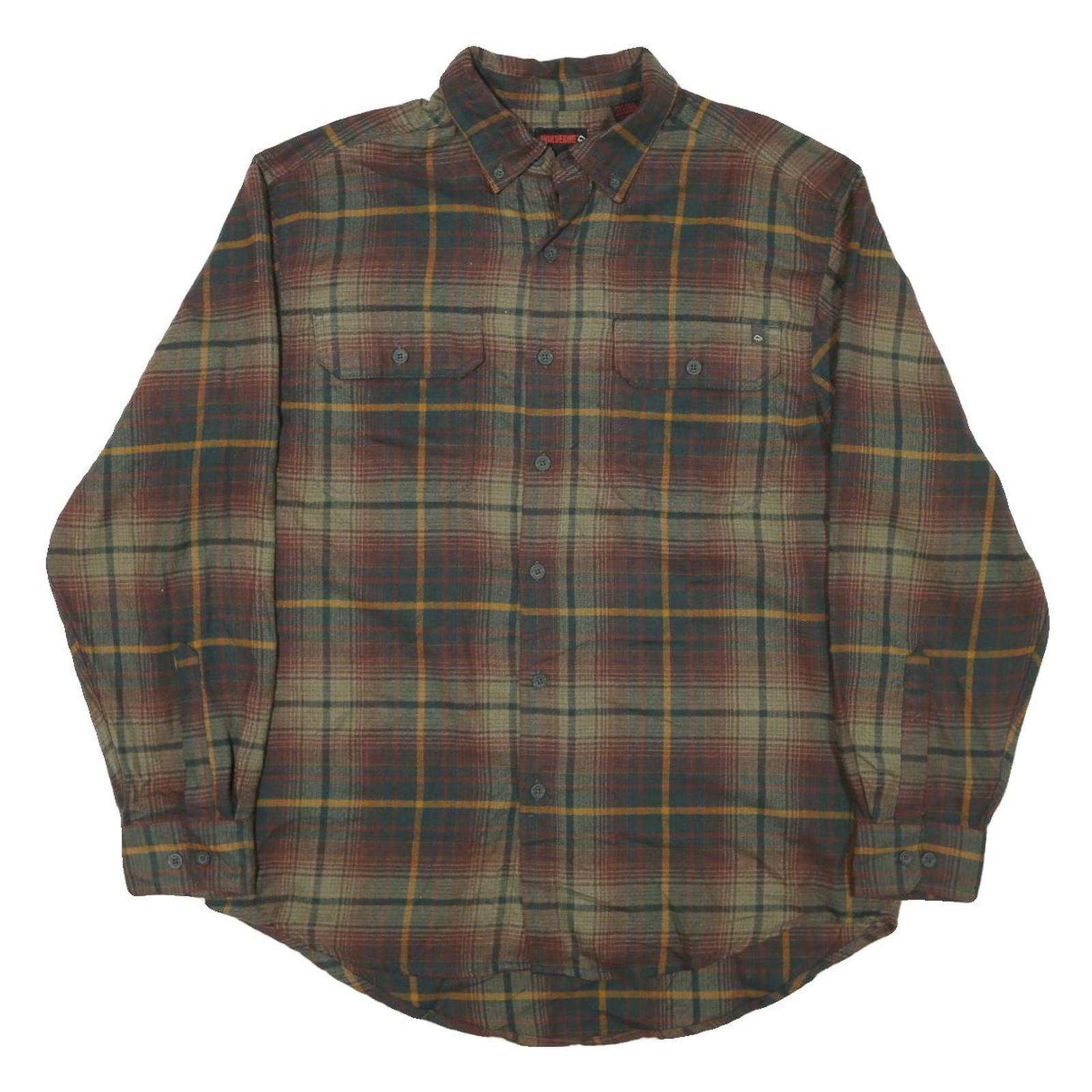 WOLVERINE Mens Green Brown Plaid Shirt L Cotton Blend Casual Button-Down
