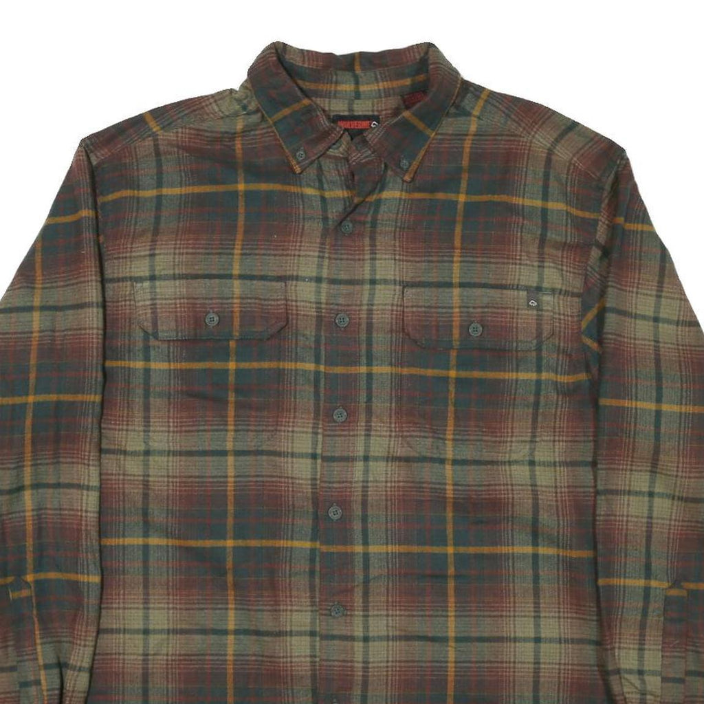 WOLVERINE Mens Green Brown Plaid Shirt L Cotton Blend Casual Button-Down