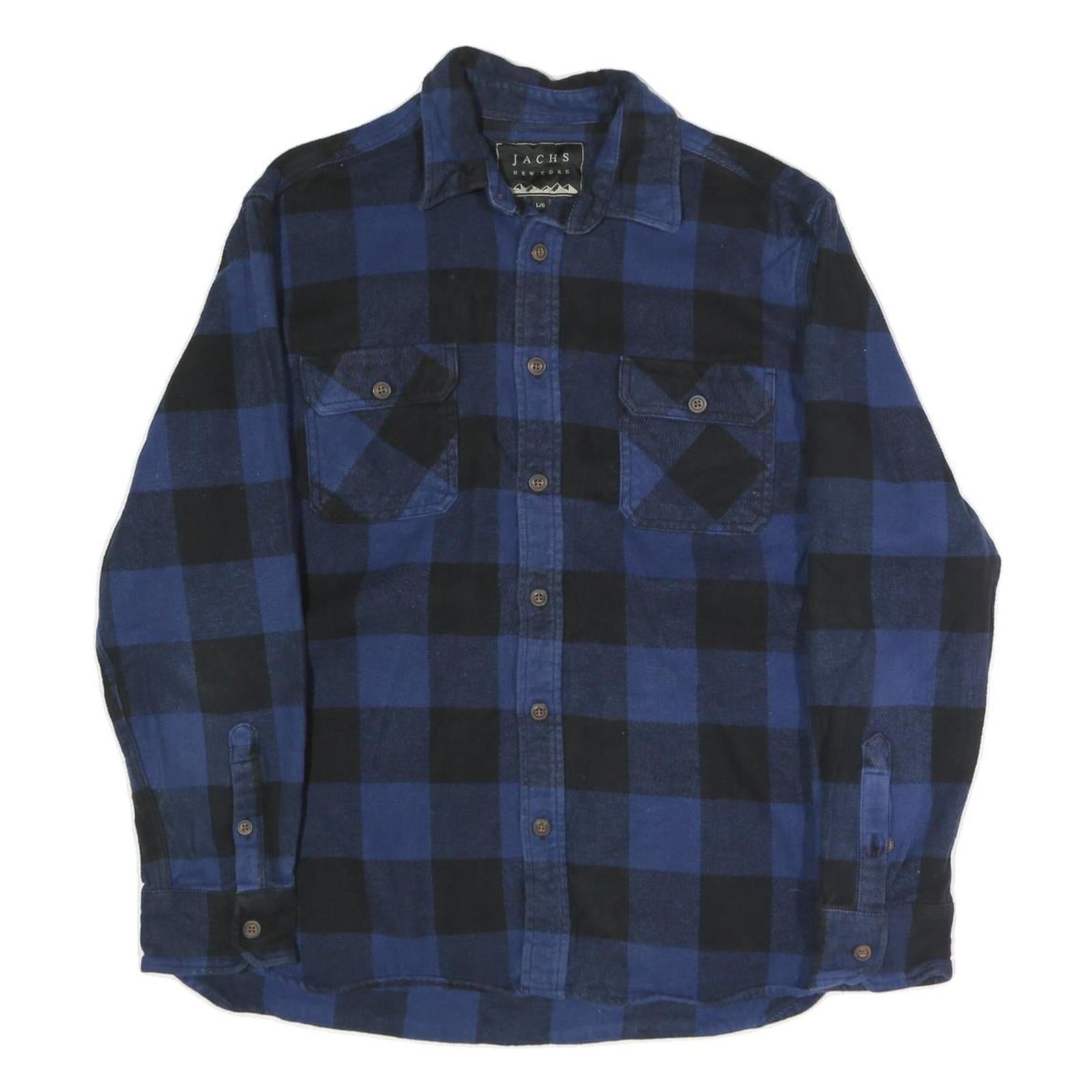 JACHS Mens Blue & Black Check Shirt L Button Pocket Casual Cotton Blend