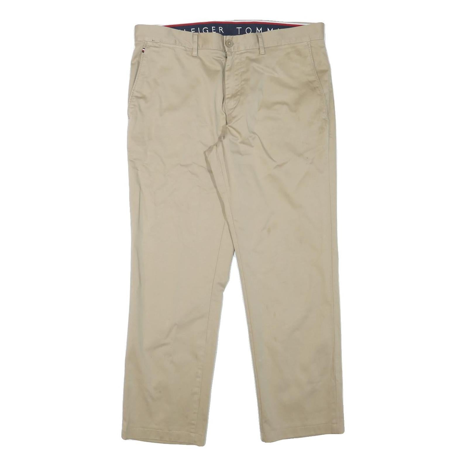 TOMMY HILFIGER Mens Cotton Blend Beige Slim Zip Trousers W35 L28 Classic Casual