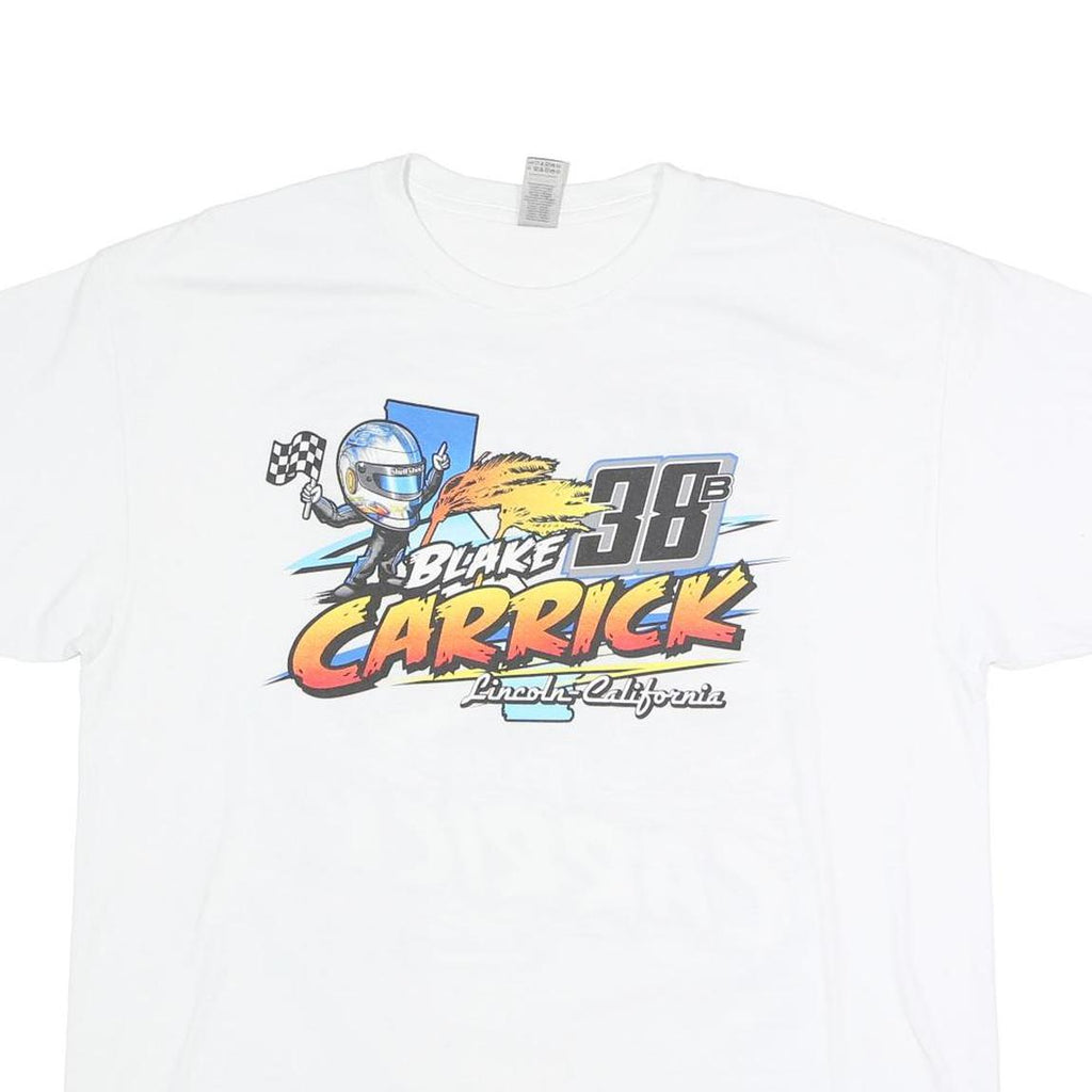 GILDAN Mens White Blake Carrick Racing Graphic T-Shirt XL Short Sleeve Crew Neck