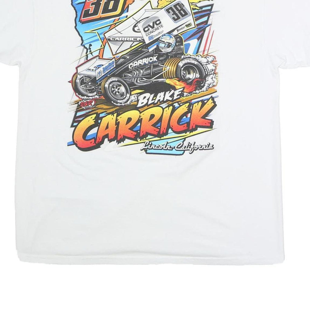 GILDAN Mens White Blake Carrick Racing Graphic T-Shirt XL Short Sleeve Crew Neck