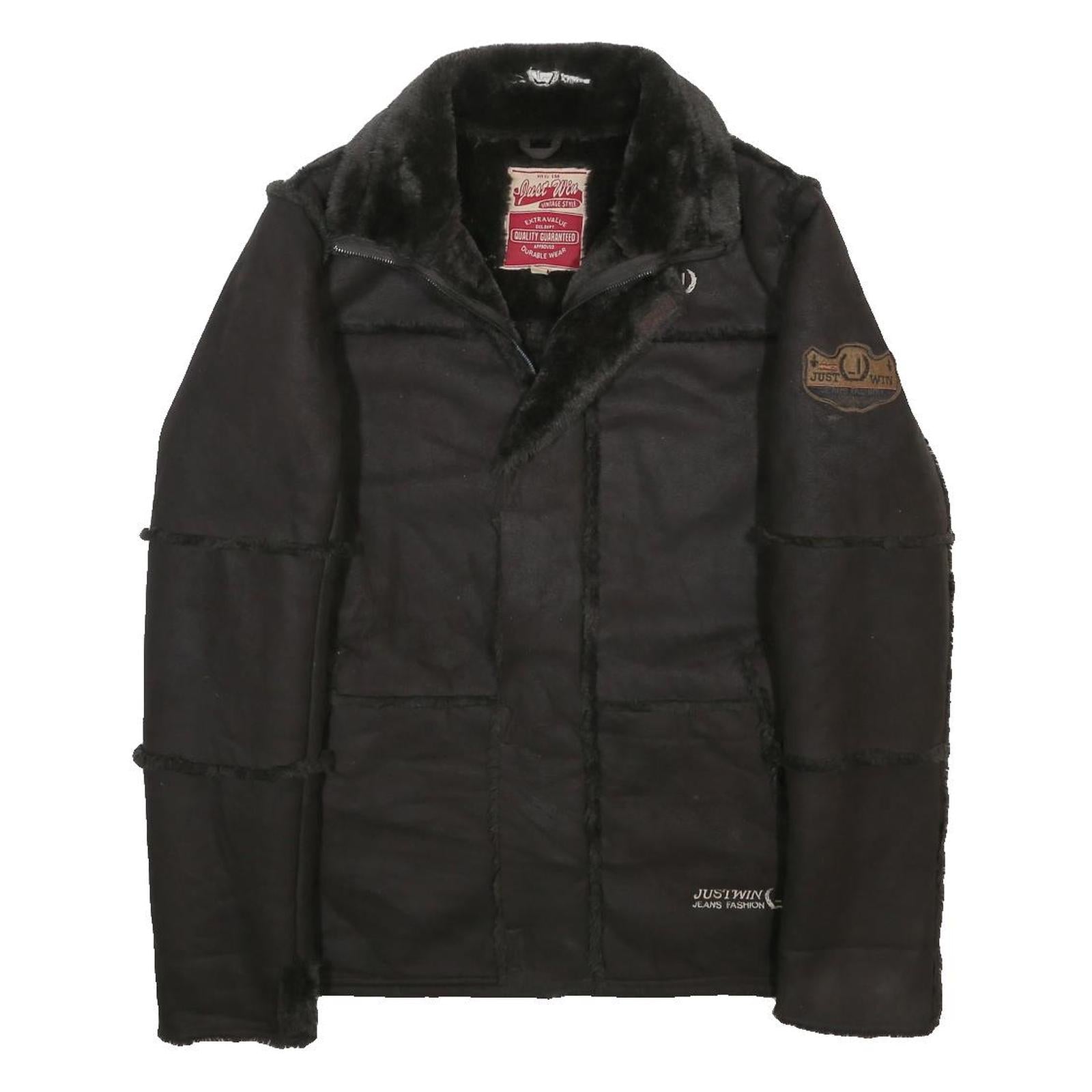 JUST WIN Mens Black Outdoor Jacket L Polyester Woven Plain Zip Casual Warm