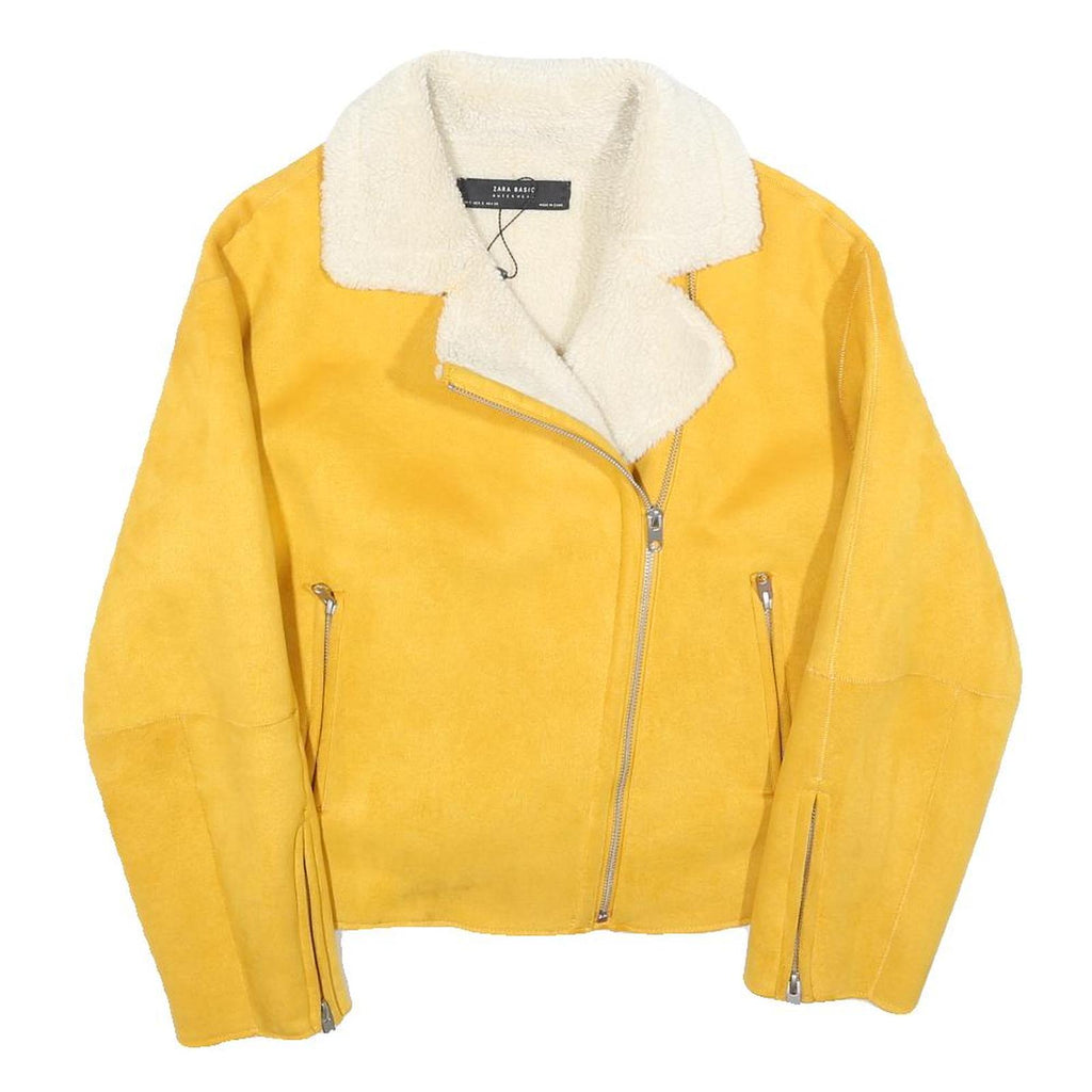 ZARA Womens Yellow & Cream Shearling Jacket S Polyester Blend Zip Collar
