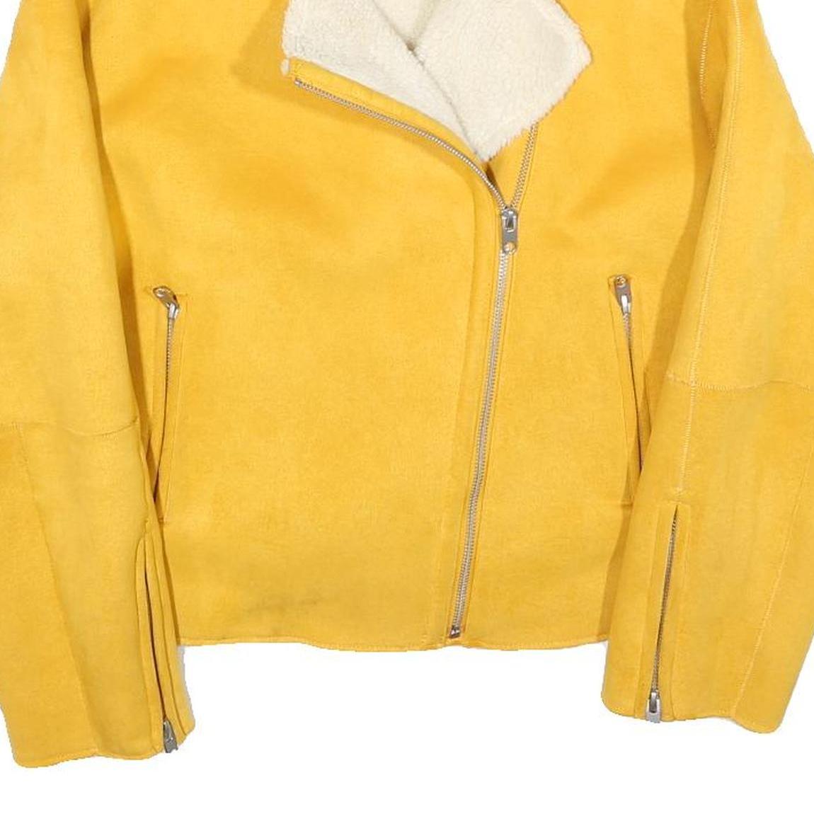 ZARA Womens Yellow & Cream Shearling Jacket S Polyester Blend Zip Collar