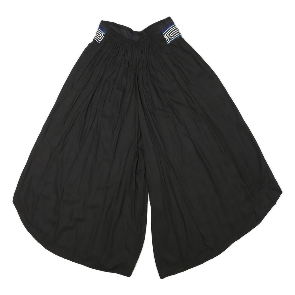 Womens Black Loose Rayon Trousers W24 L18 Embroidered Waist Casual Summer