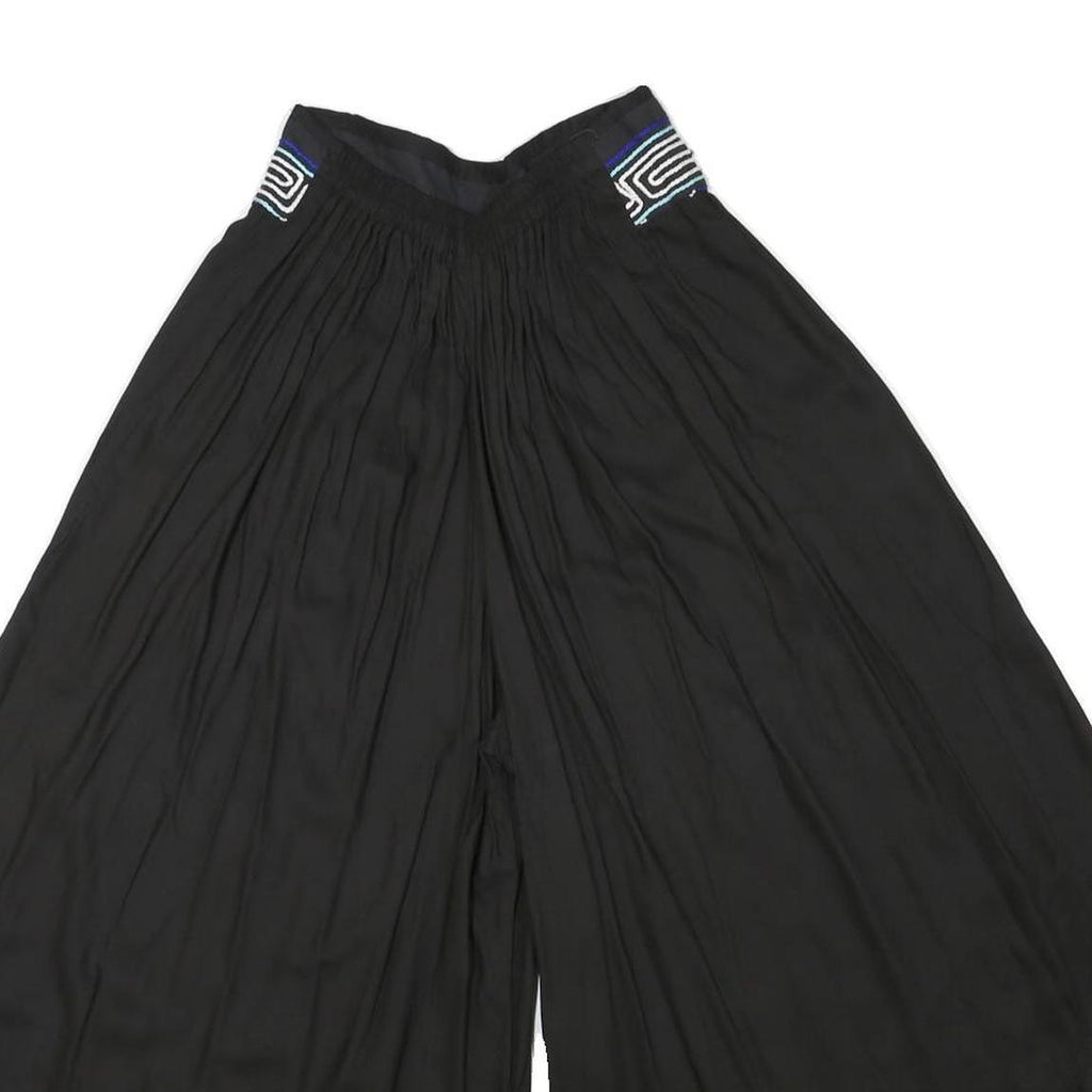 Womens Black Loose Rayon Trousers W24 L18 Embroidered Waist Casual Summer