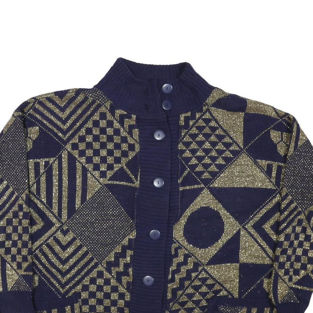 JESSICA Womens Navy & Gold Patterned Button Up Chunky Knit M Jumper Acrylic