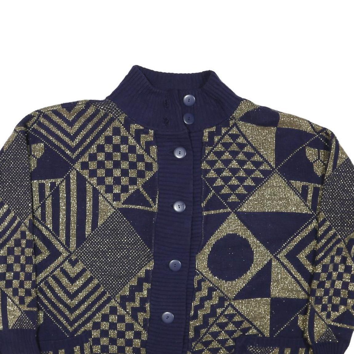 JESSICA Womens Navy & Gold Patterned Button Up Chunky Knit M Jumper Acrylic