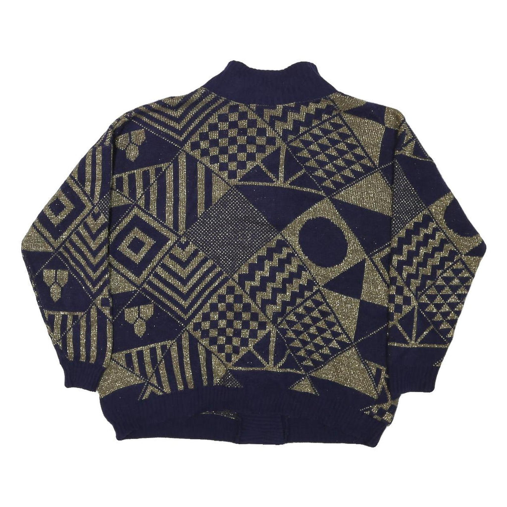 JESSICA Womens Navy & Gold Patterned Button Up Chunky Knit M Jumper Acrylic