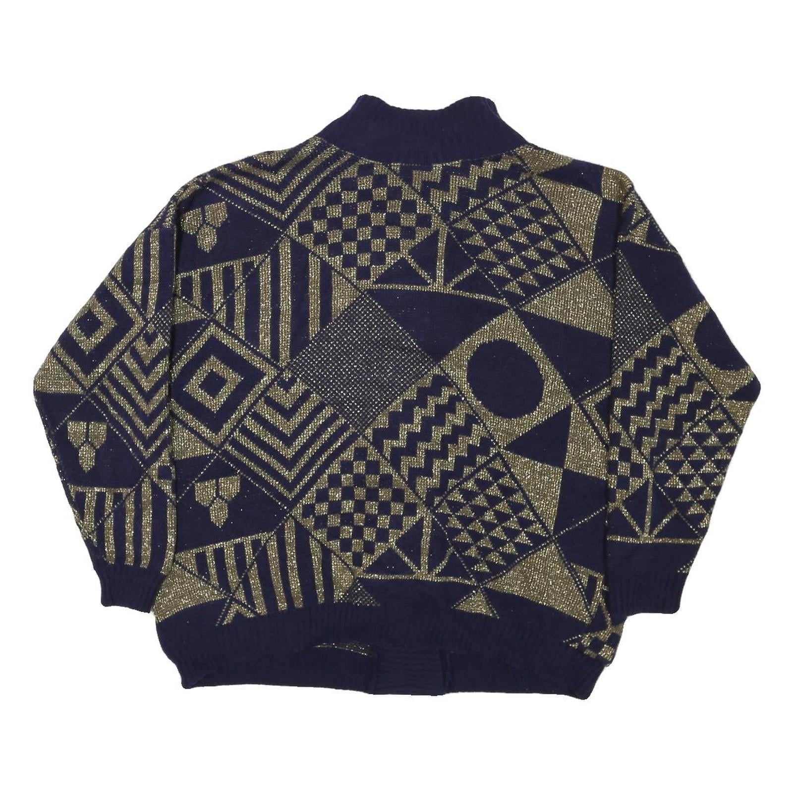 JESSICA Womens Navy & Gold Patterned Button Up Chunky Knit M Jumper Acrylic