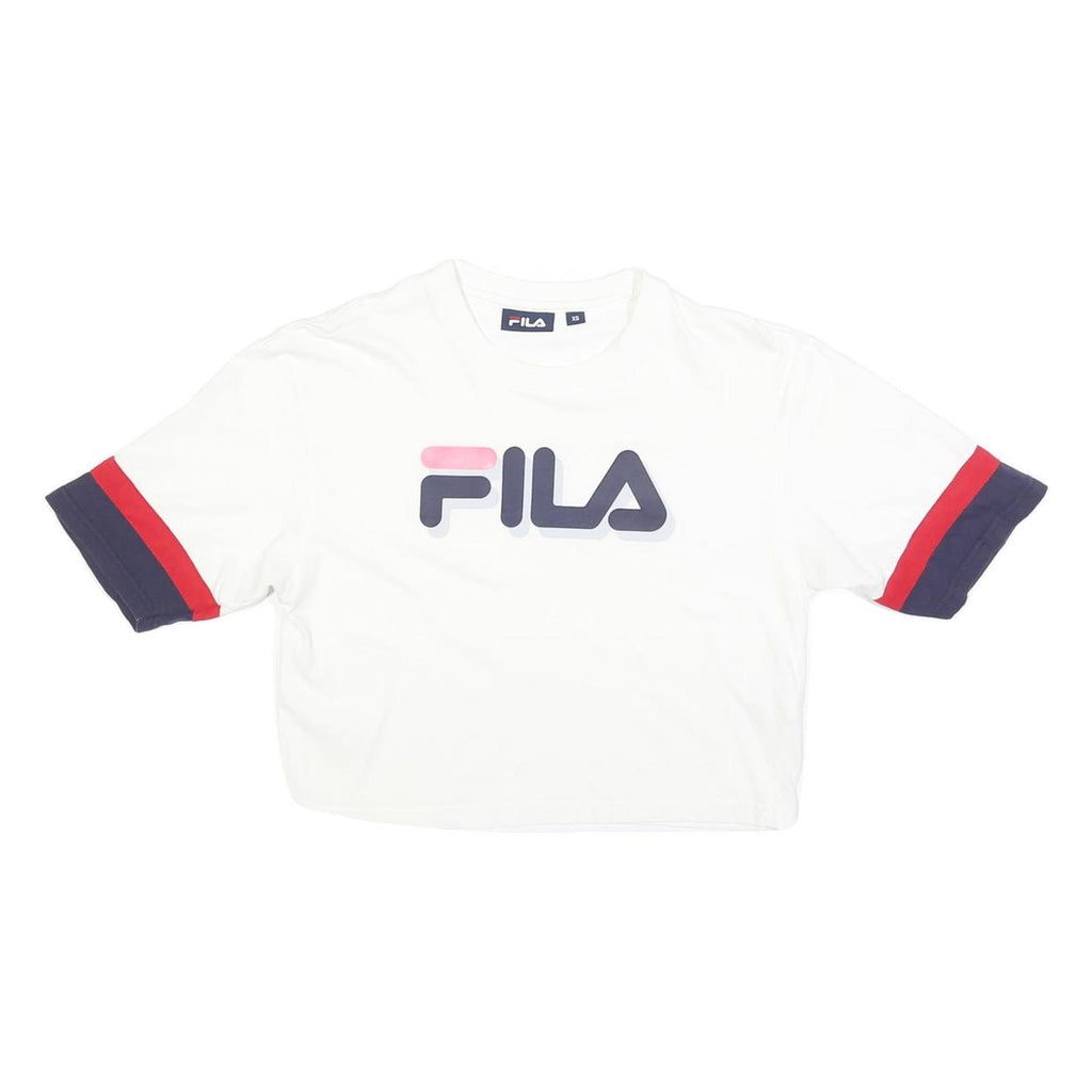 FILA Womens White Navy & Red Graphic T-Shirt XS Short Sleeve Crew Neck Crop