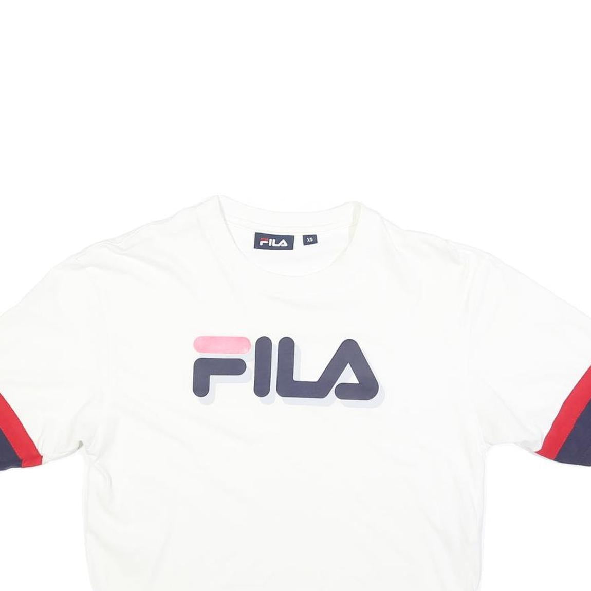 FILA Womens White Navy & Red Graphic T-Shirt XS Short Sleeve Crew Neck Crop