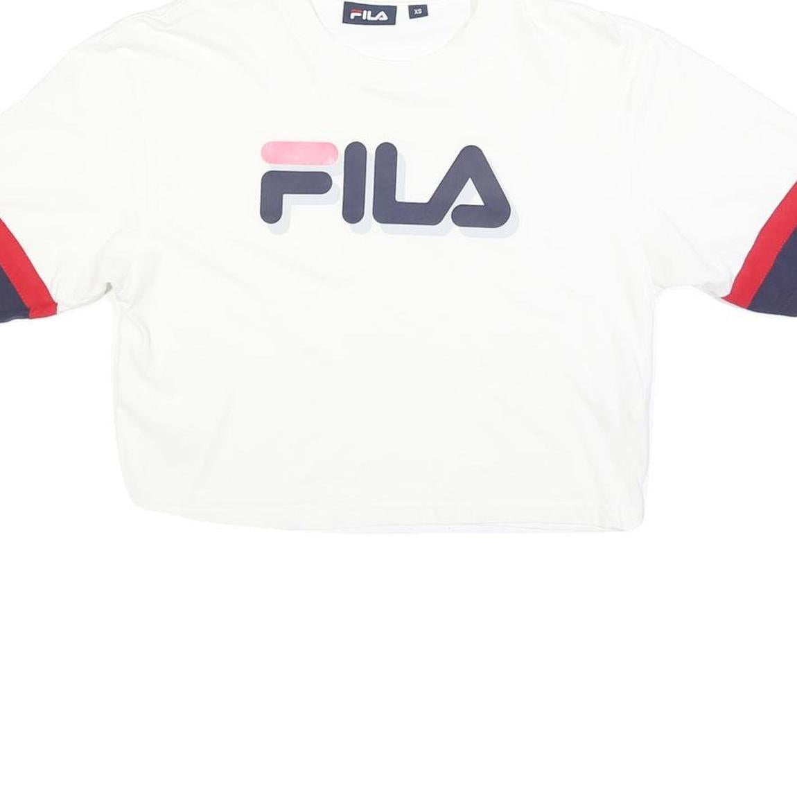 FILA Womens White Navy & Red Graphic T-Shirt XS Short Sleeve Crew Neck Crop