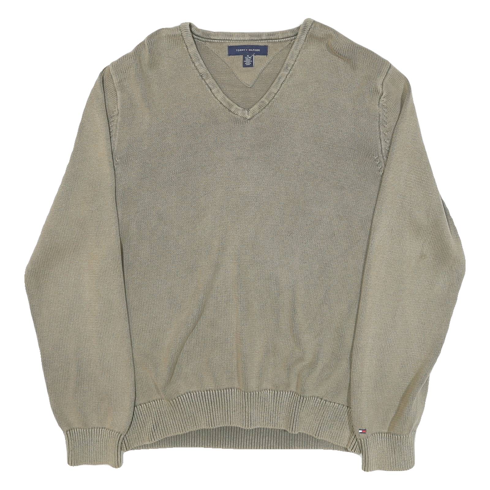 TOMMY HILFIGER Mens Beige Plain V Neck Basic Knit XL Cotton Blend Jumper
