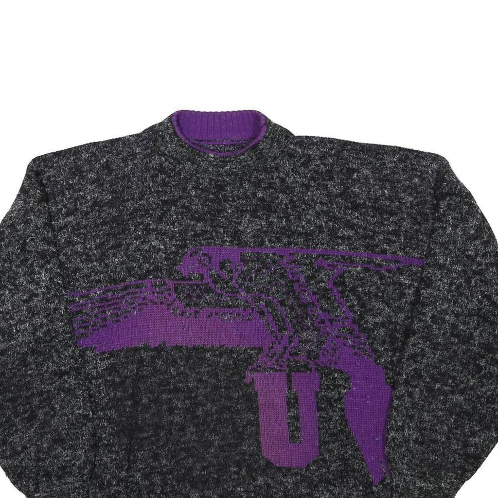 Womens Black Grey & Purple Wool Blend Patterned Jumpers Crew Neck Basic Knit M