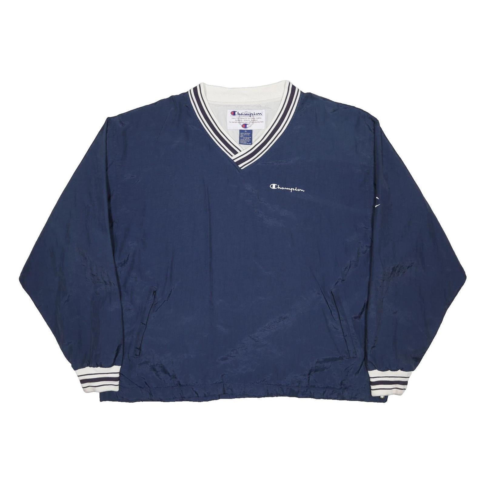 CHAMPION Mens Navy Blue V-Neck XL Sweatshirt Striped Ribbed Cuffs Pullover