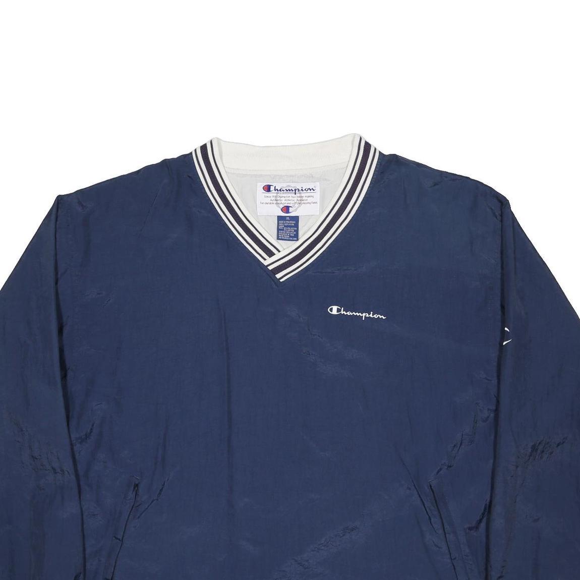 CHAMPION Mens Navy Blue V-Neck XL Sweatshirt Striped Ribbed Cuffs Pullover