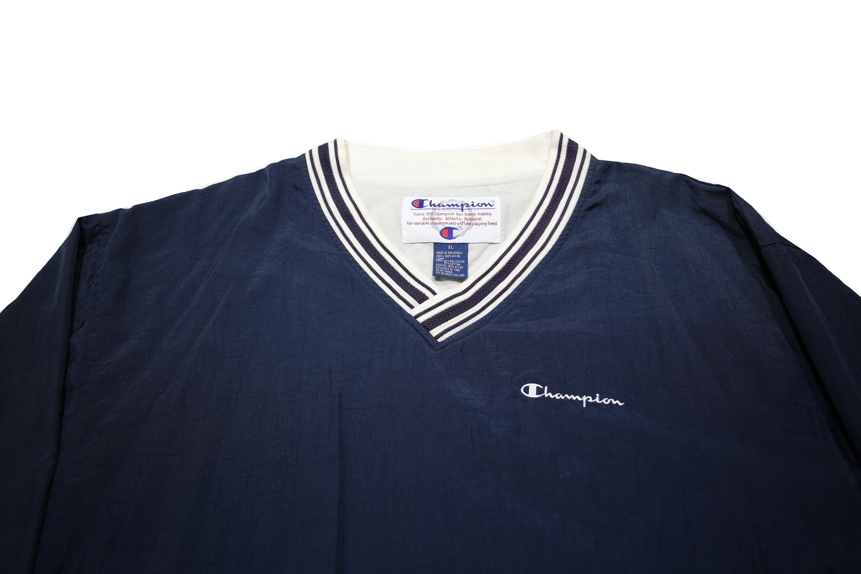 CHAMPION Mens Navy Blue V-Neck XL Sweatshirt Striped Ribbed Cuffs Pullover