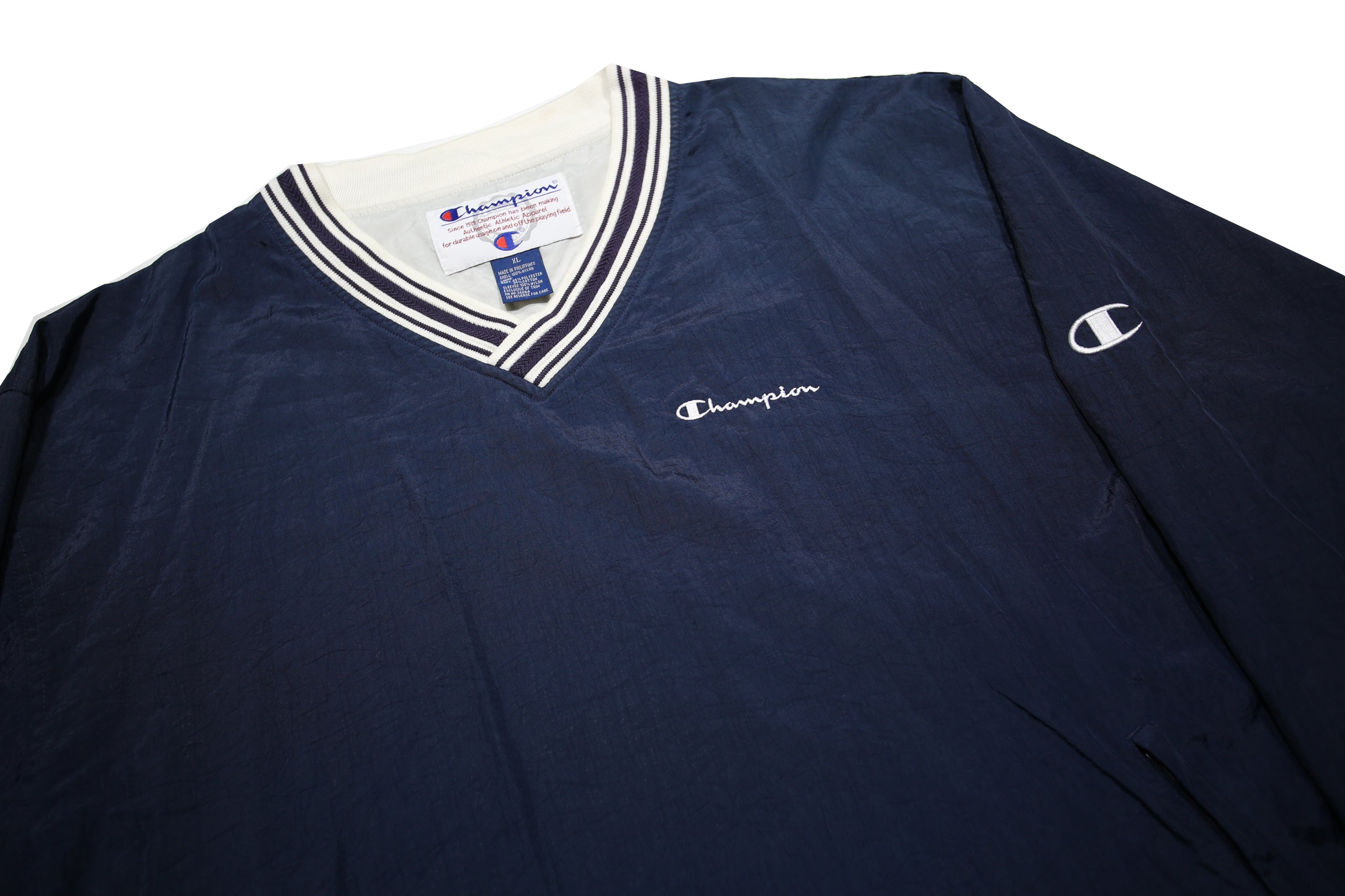 CHAMPION Mens Navy Blue V-Neck XL Sweatshirt Striped Ribbed Cuffs Pullover