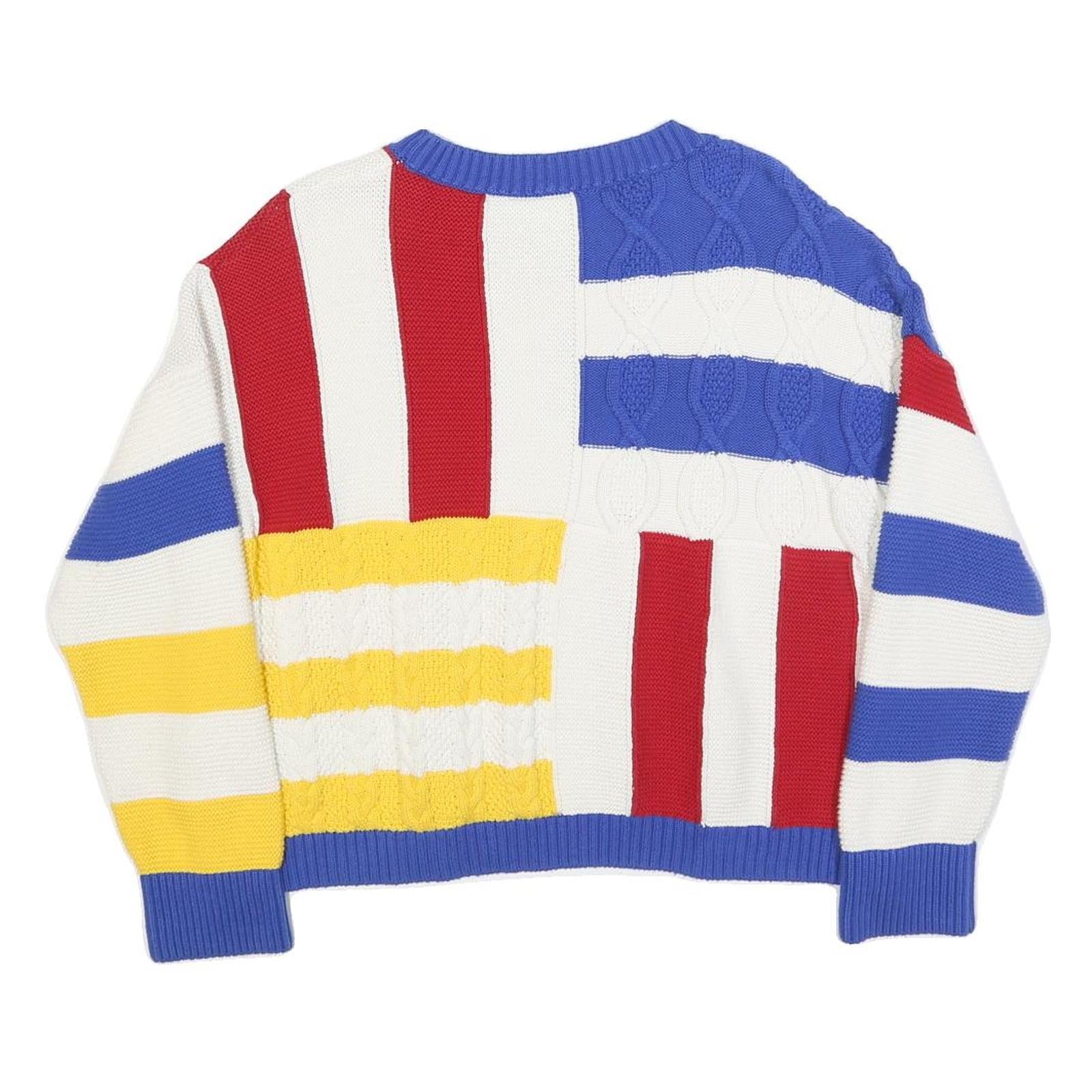 BENETTON Womens Blue & Red Patterned Cotton Jumper Cable Knit M Colourblock Crew