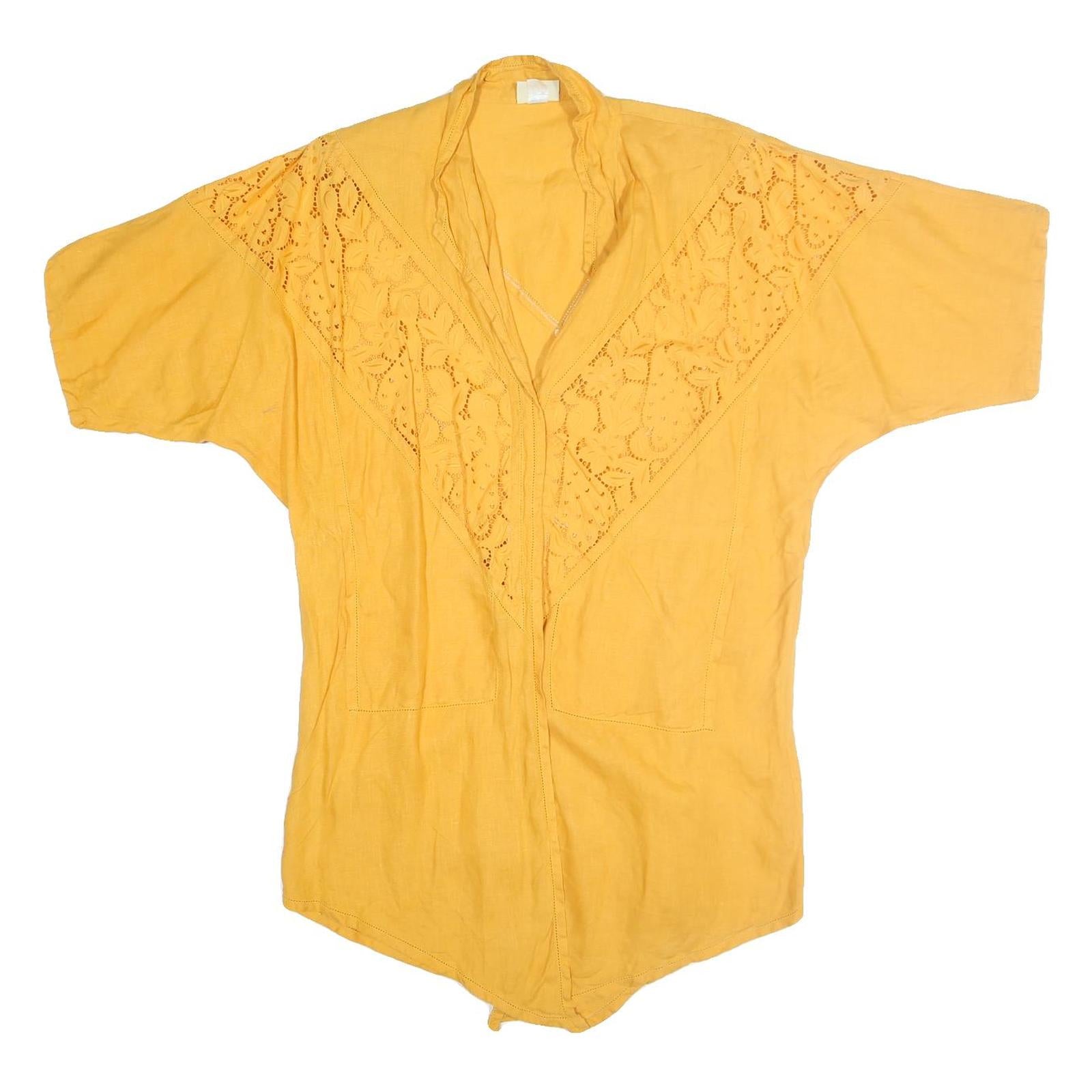 PERLA Womens Yellow Printed Top Short Sleeve V Neck Size L Cotton Breathable