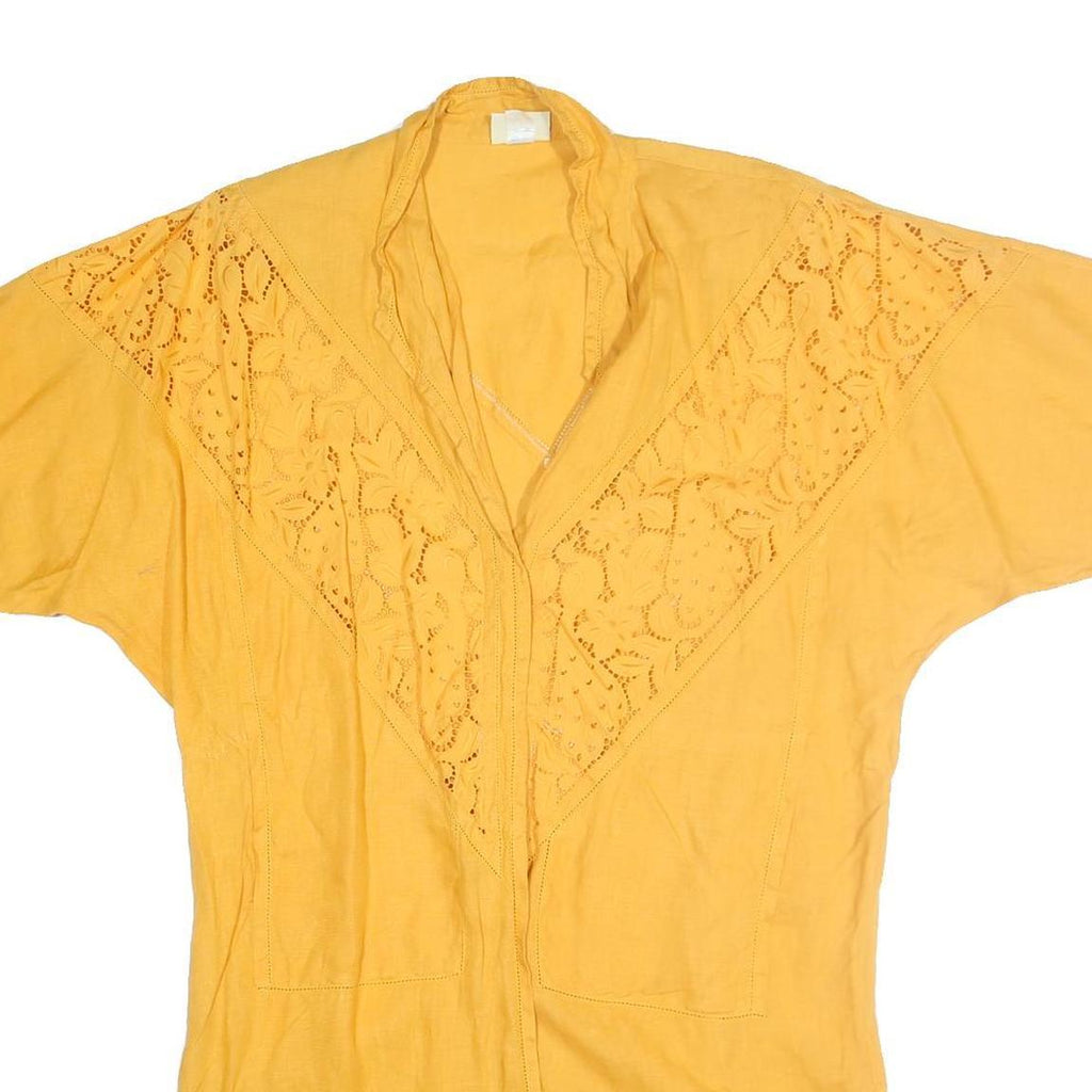 PERLA Womens Yellow Printed Top Short Sleeve V Neck Size L Cotton Breathable