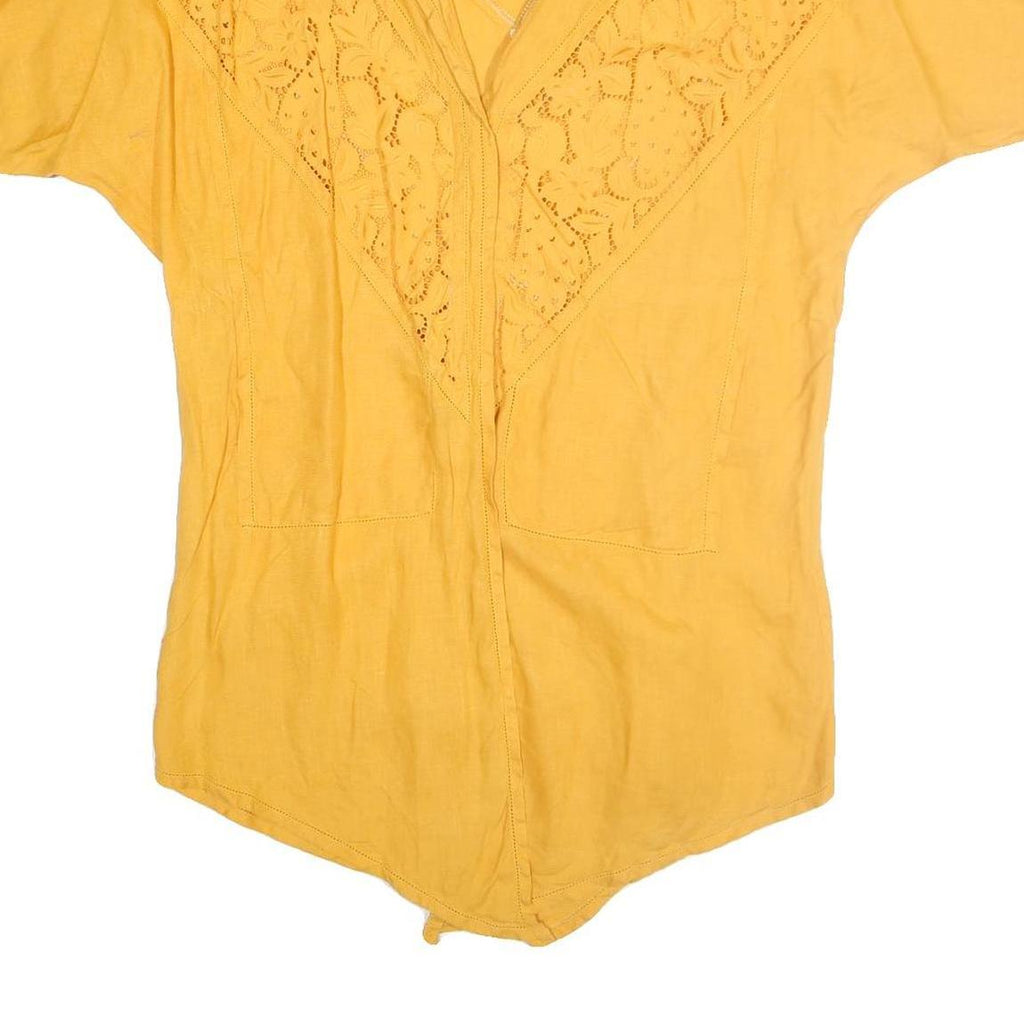 PERLA Womens Yellow Printed Top Short Sleeve V Neck Size L Cotton Breathable
