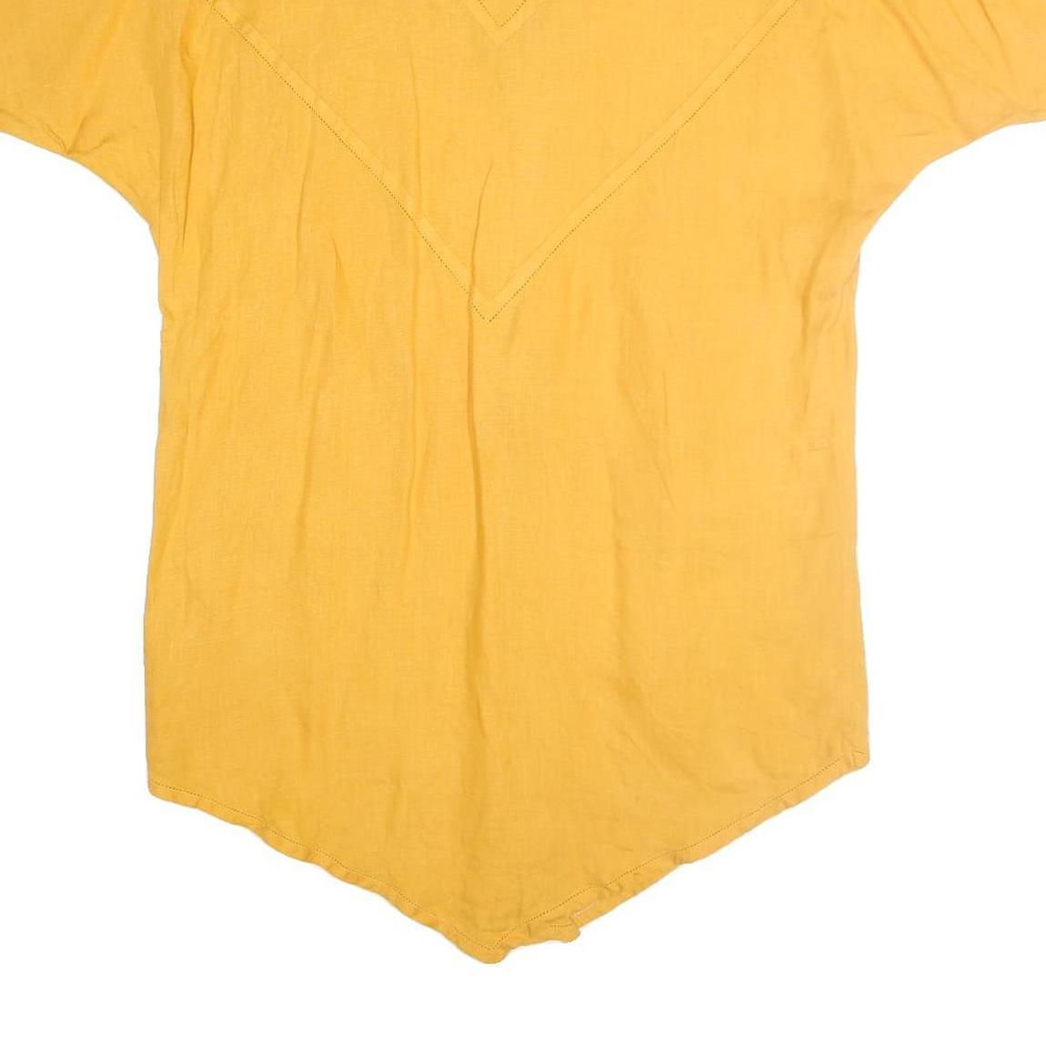 PERLA Womens Yellow Printed Top Short Sleeve V Neck Size L Cotton Breathable