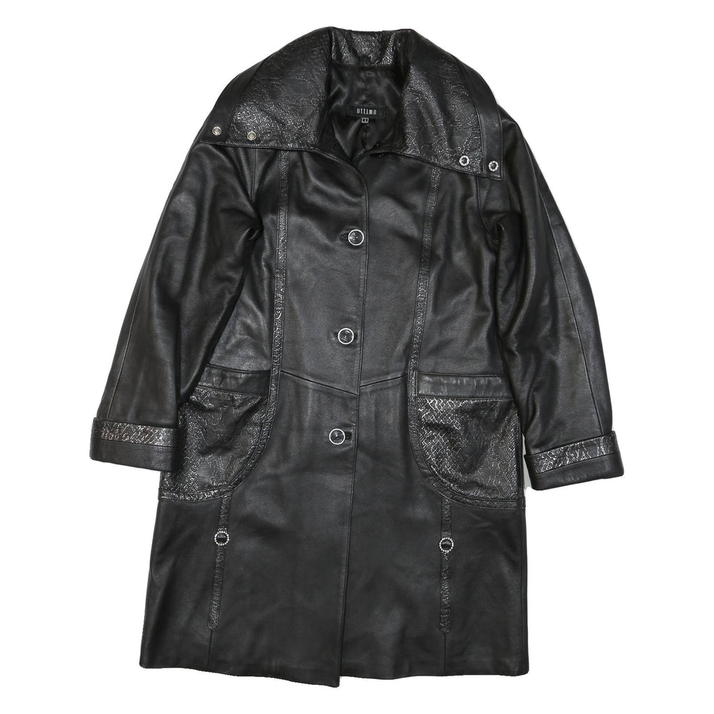 Womens Black Faux Leather Coach Jacket L Leather Plain Button Long Sleeve
