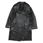 Womens Black Faux Leather Coach Jacket L Leather Plain Button Long Sleeve