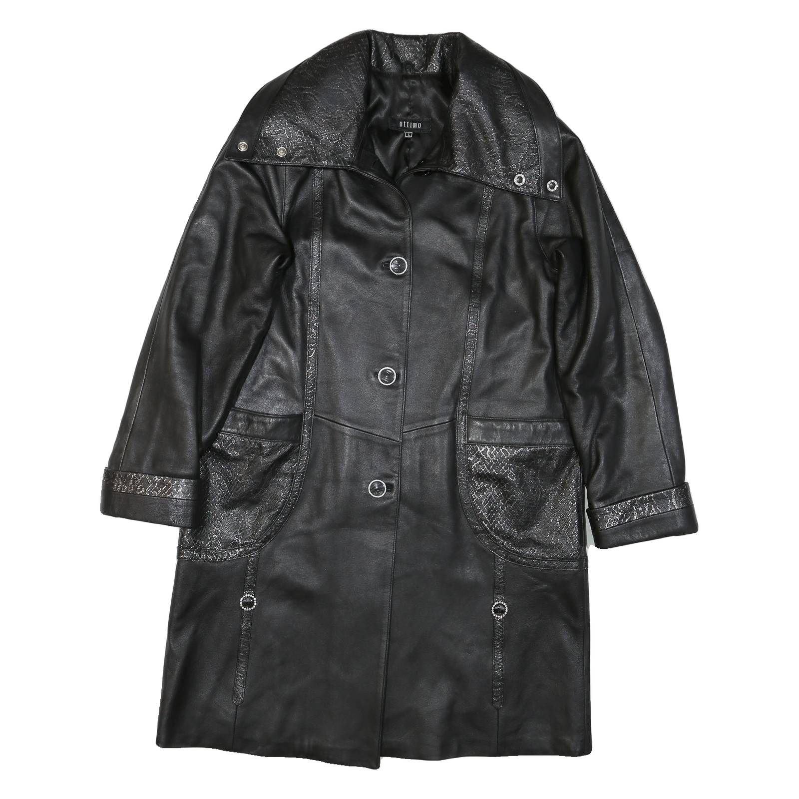 Womens Black Faux Leather Coach Jacket L Leather Plain Button Long Sleeve