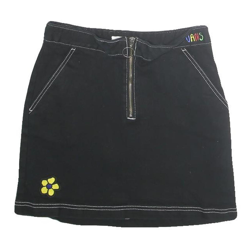 VANS Womens Black Cotton Mini Skirt Plain S Zip Pockets Floral Embroidered